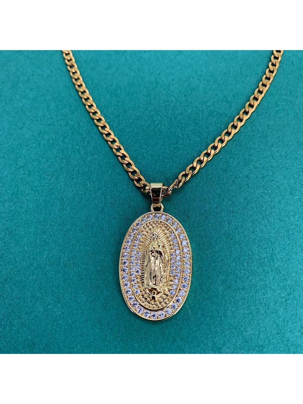 Saint Marry rhinestone pendant gold necklace. 24 inches length. Unisex - Picture 6 of 8